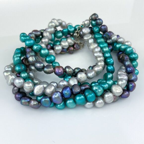 Sterling Silver 925 Clasp Multi Strand Purple Gray Blue Pearl Necklace 17"-18.5" - Picture 3 of 5